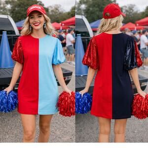 New Queen of Sparkles Dress XL Red Navy Blue Sequin Puff Sleeve Game Day Festiva